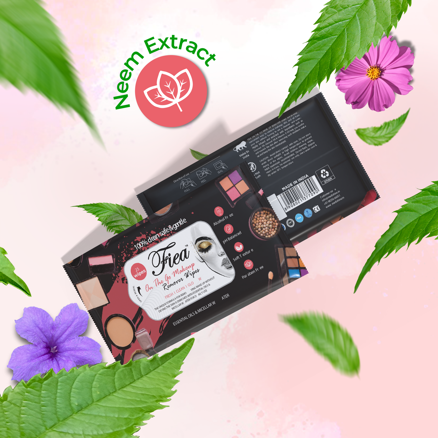 Fiea On The Go Makeup Remover Wipes Pack of 2 (50 Wipes) | Alcohol-free, and Dermatologically tested for all skin types, leaving skin refreshed and clean.